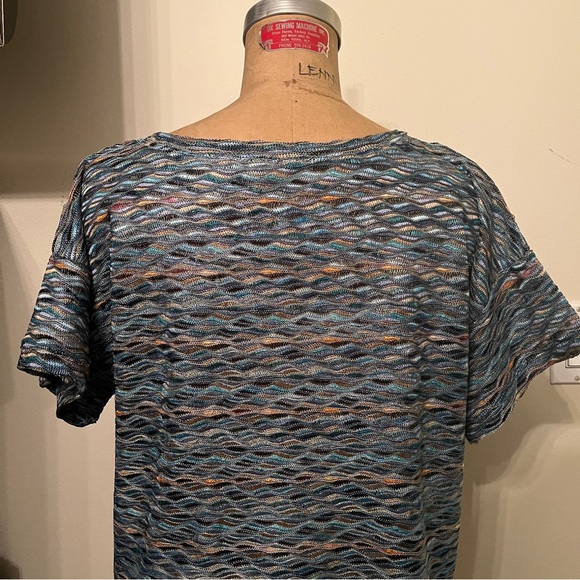 Free People Knit Blue Geometic Zig Zag Short Sleeve Cropped T-Shirt Top - Picture 6 of 7